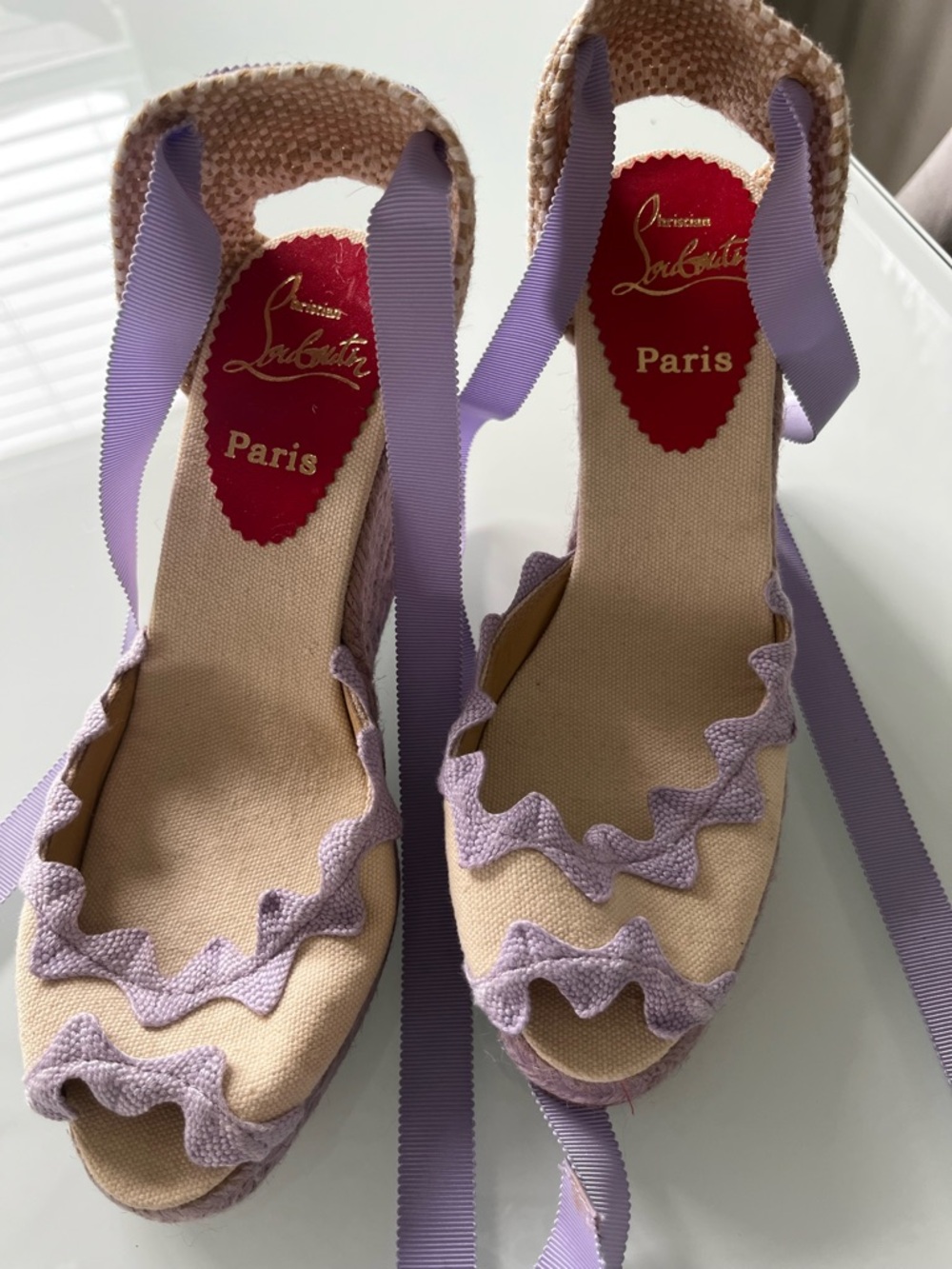 Christian Louboutin Lavender Canvas Wedge Espadrilles with Ribbon Ties